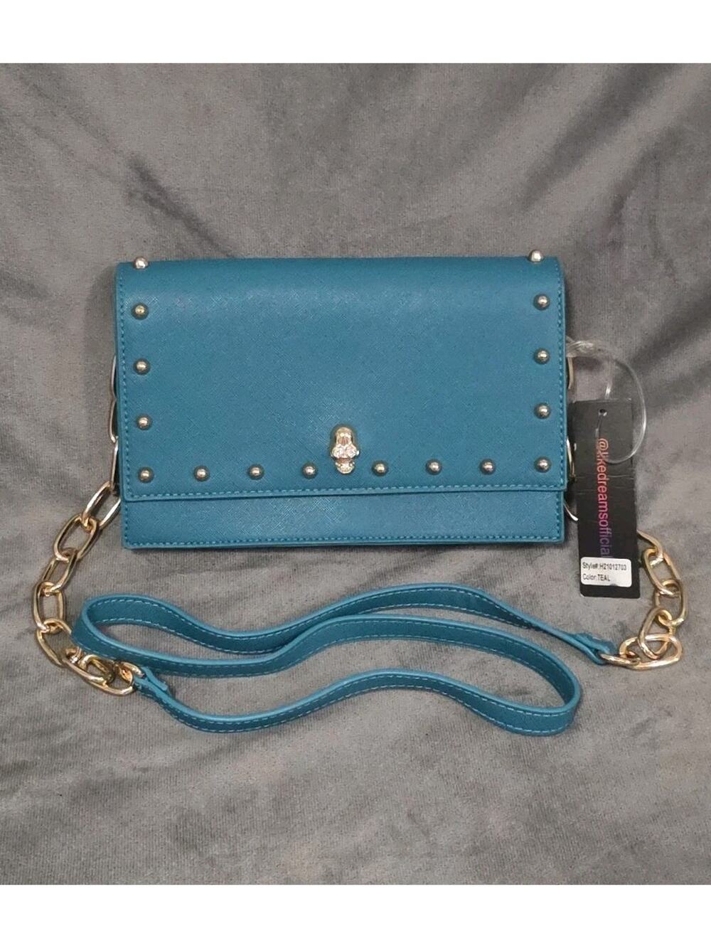 Like Dreams Crossbody Bag Purse Teal Whimsygoth Gold Tone Skull Stud Details